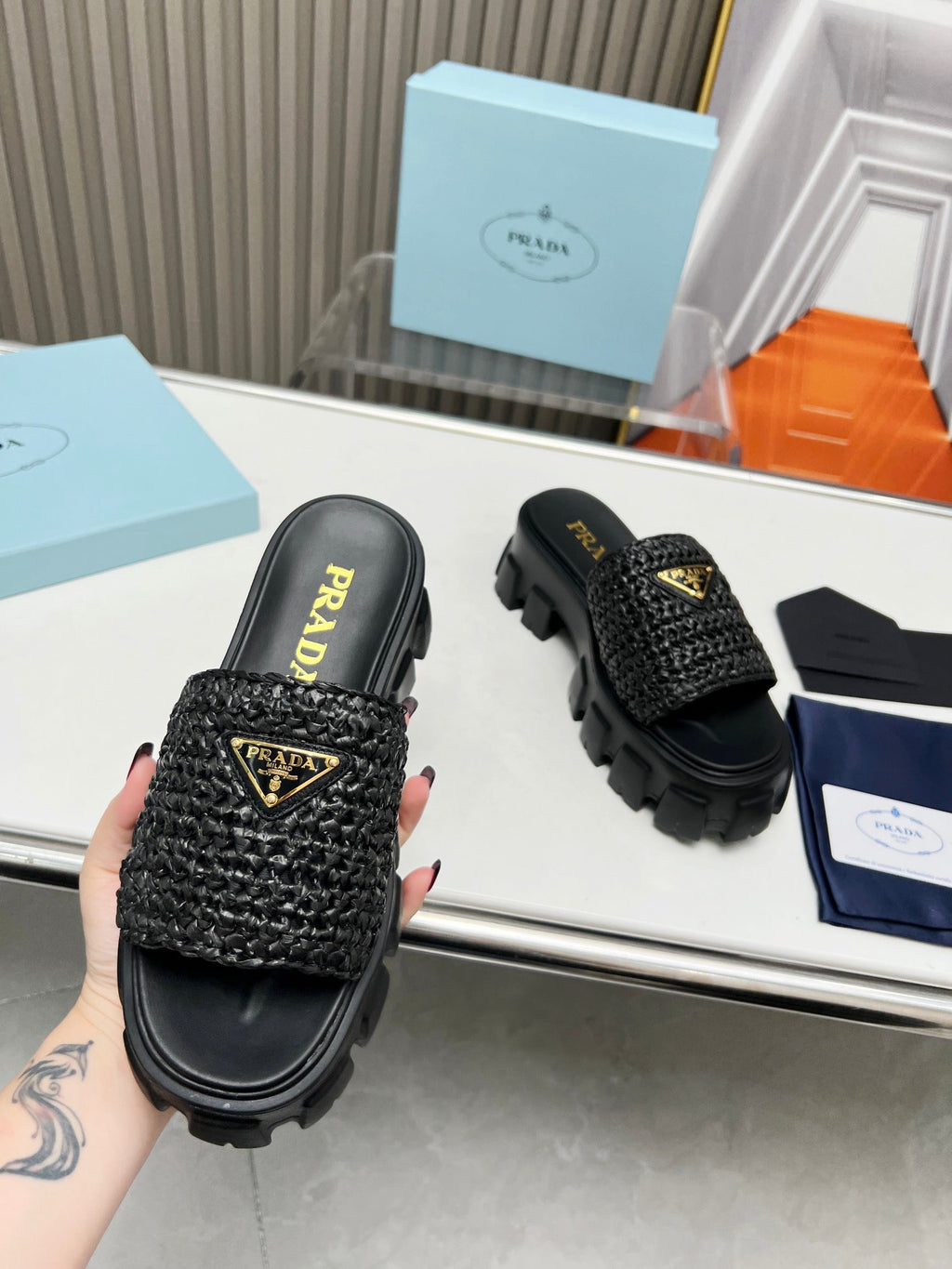 PRADA THICK-SOLED CROCHET SANLS BLACK WOVEN FABRIC