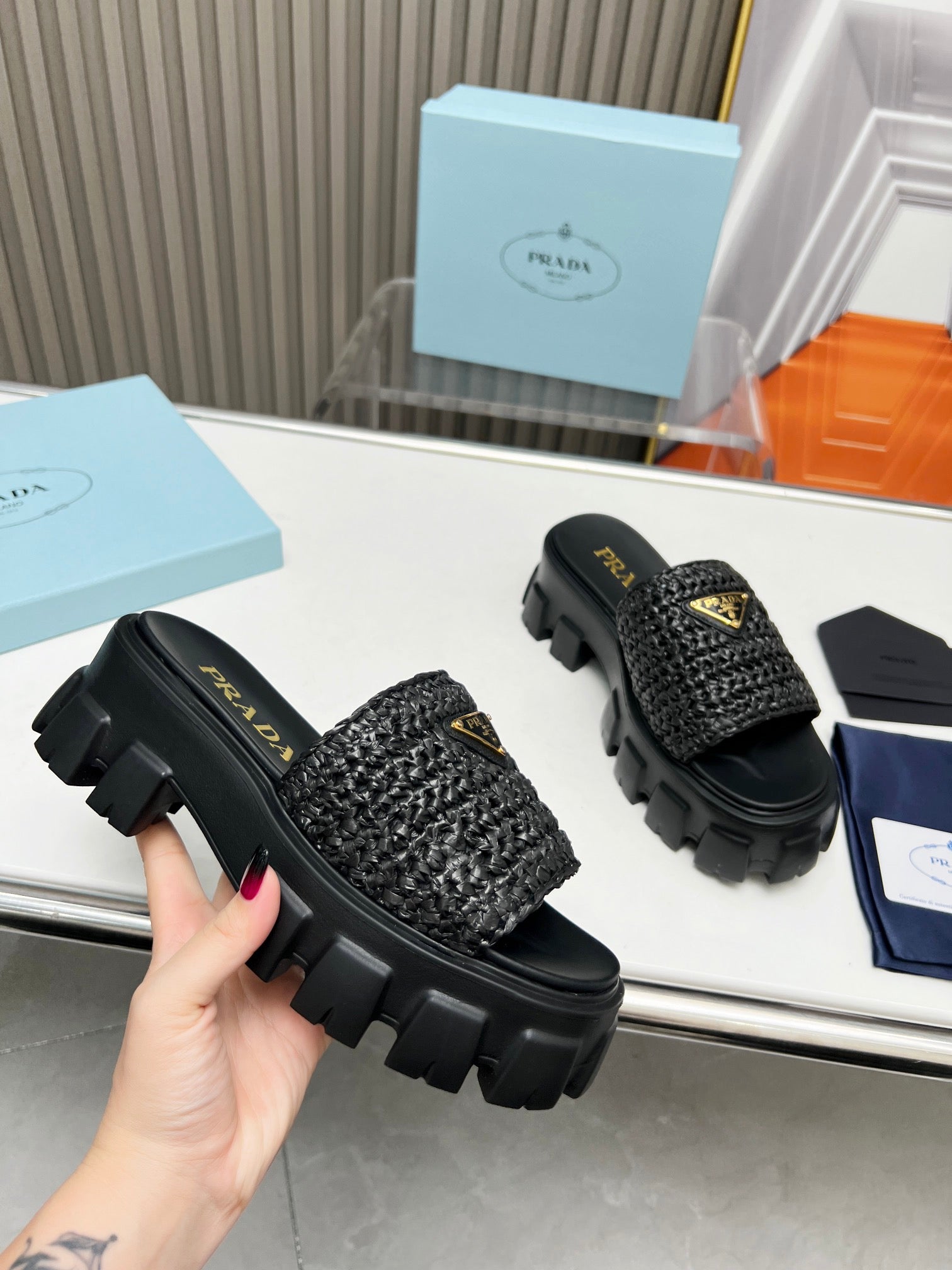 PRADA THICK-SOLED CROCHET SANLS BLACK WOVEN FABRIC