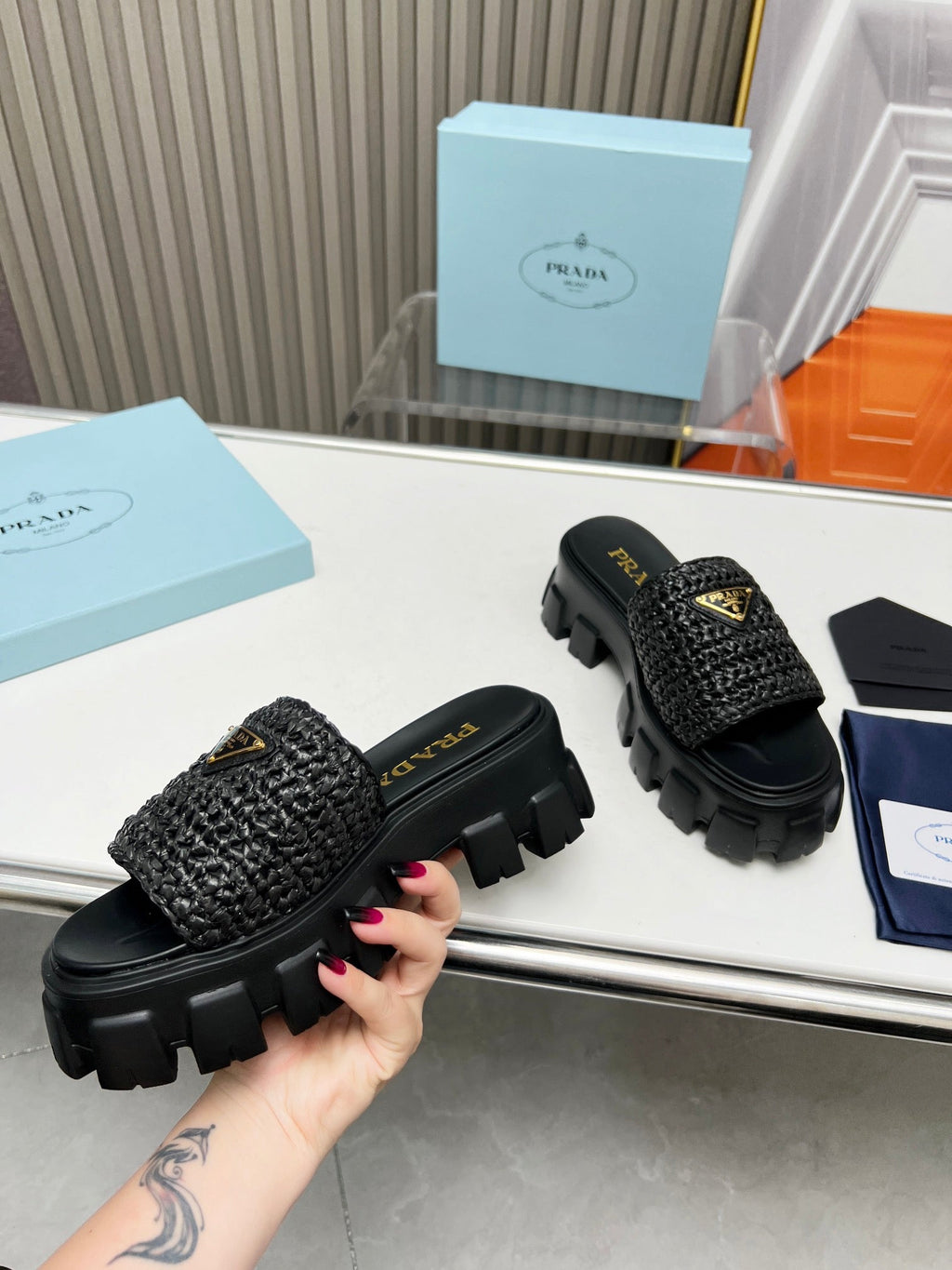 PRADA THICK-SOLED CROCHET SANLS BLACK WOVEN FABRIC