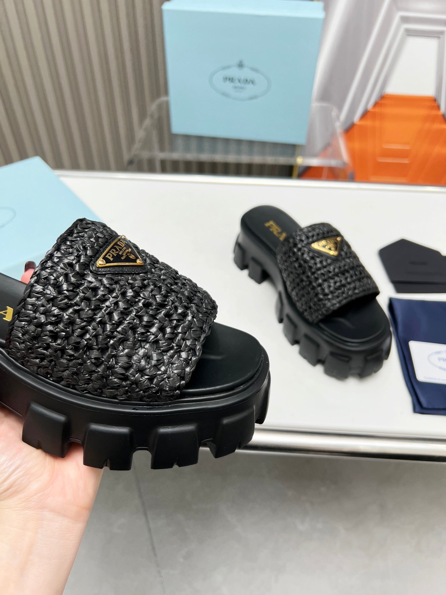 PRADA THICK-SOLED CROCHET SANLS BLACK WOVEN FABRIC