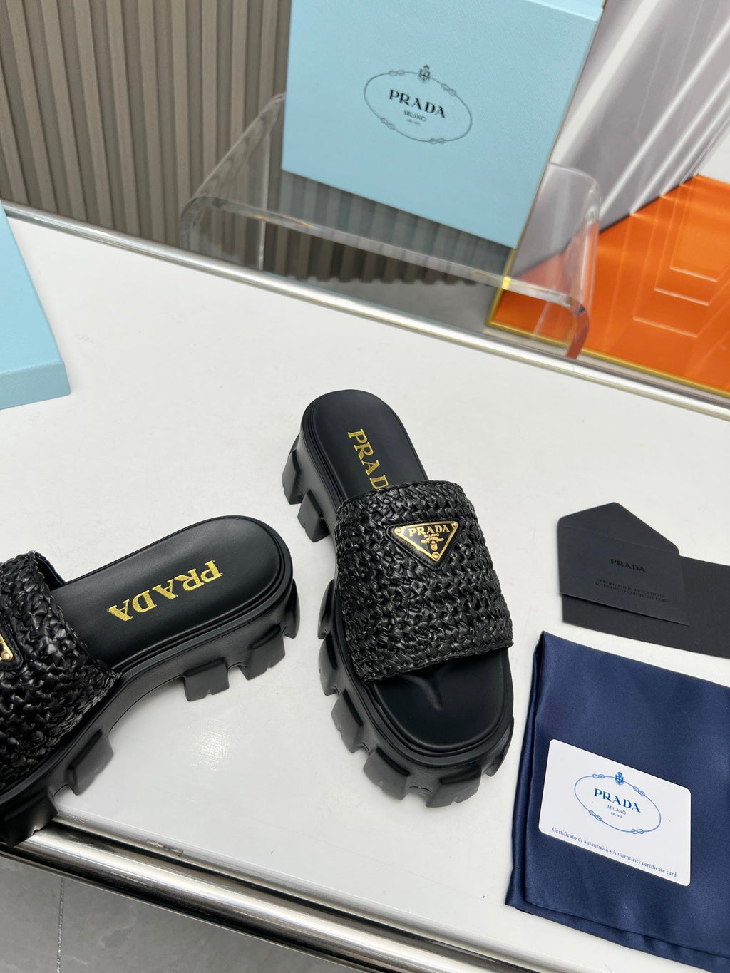 PRADA THICK-SOLED CROCHET SANLS BLACK WOVEN FABRIC