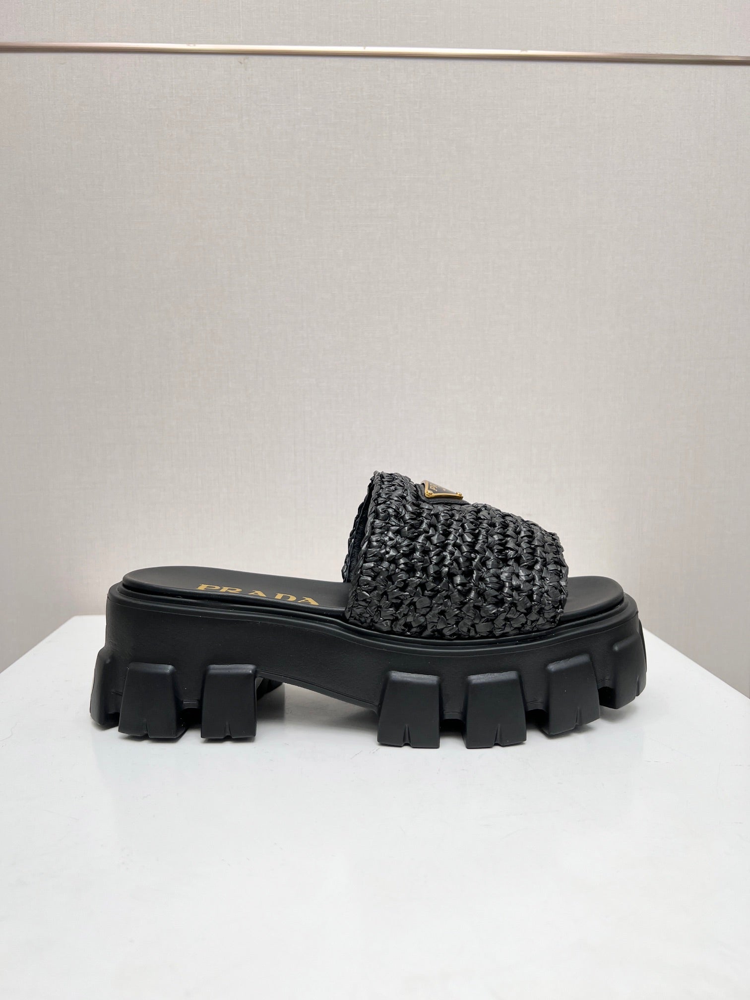 PRADA THICK-SOLED CROCHET SANLS BLACK WOVEN FABRIC
