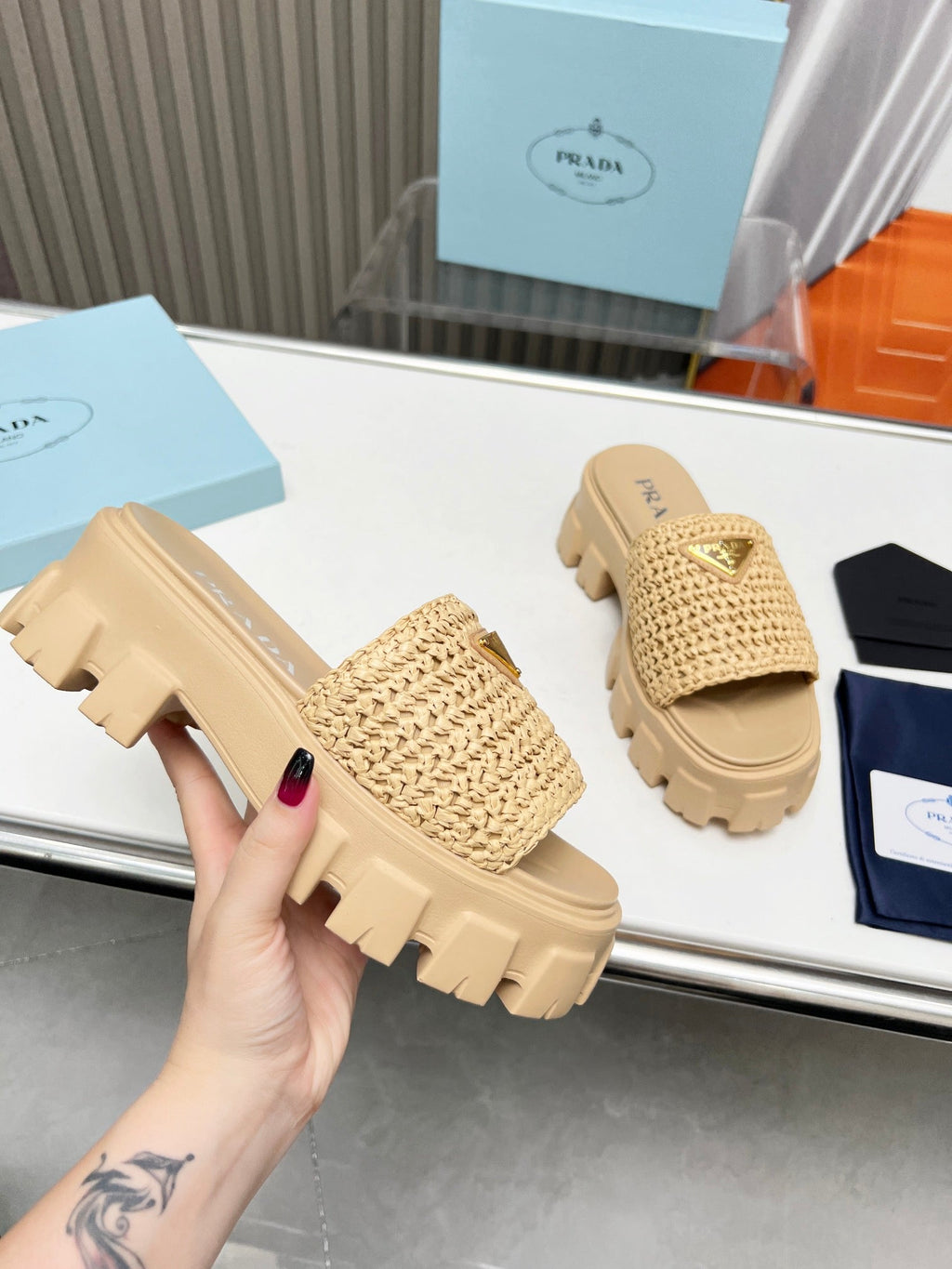 PRADA THICK-SOLED CROCHET SANLS BEIGE WOVEN FABRIC