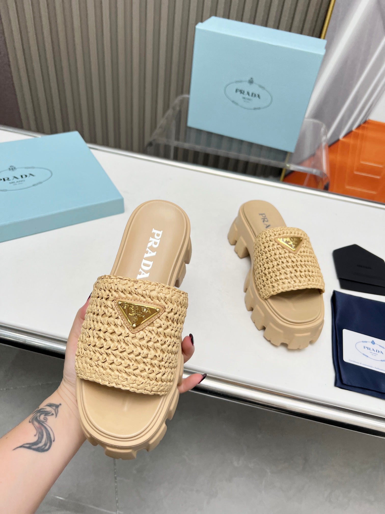 PRADA THICK-SOLED CROCHET SANLS BEIGE WOVEN FABRIC