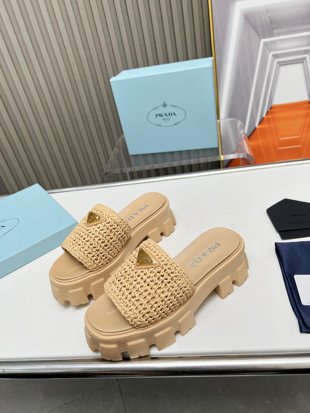 PRADA THICK-SOLED CROCHET SANLS BEIGE WOVEN FABRIC
