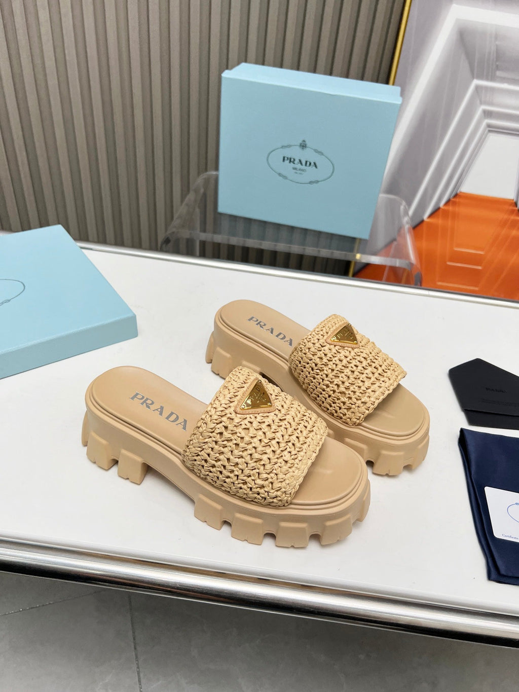 PRADA THICK-SOLED CROCHET SANLS BEIGE WOVEN FABRIC