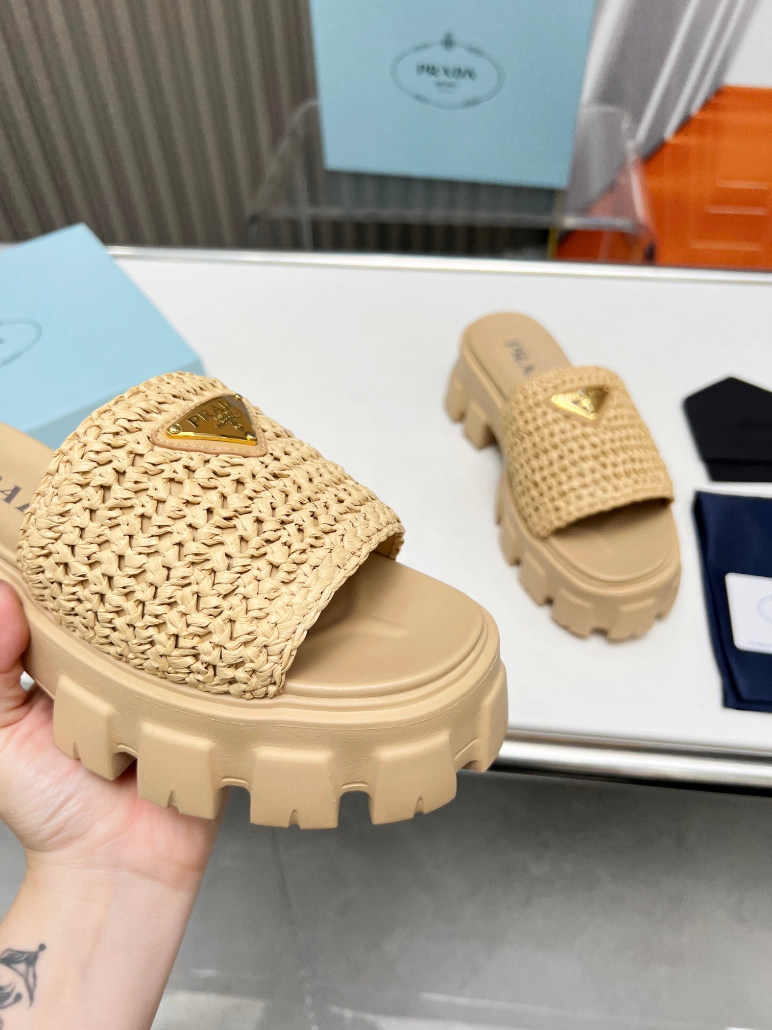 PRADA THICK-SOLED CROCHET SANLS BEIGE WOVEN FABRIC