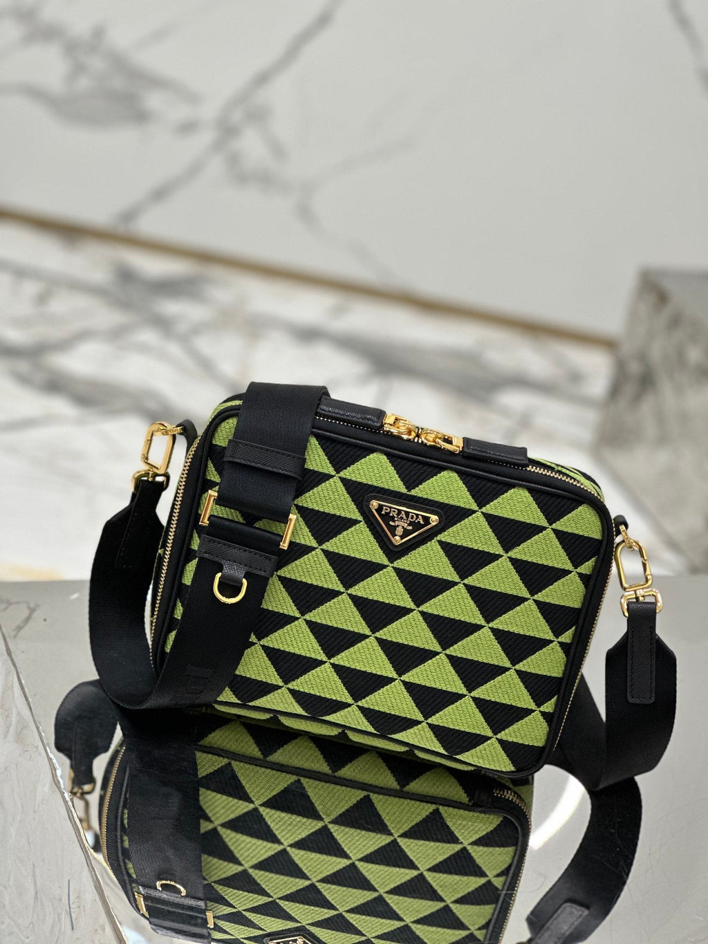 PRADA MESSENGER BAG 22 IN OCADO GREEN AND BLACK EMBROIDERED FABRIC GOLD HARDWARE