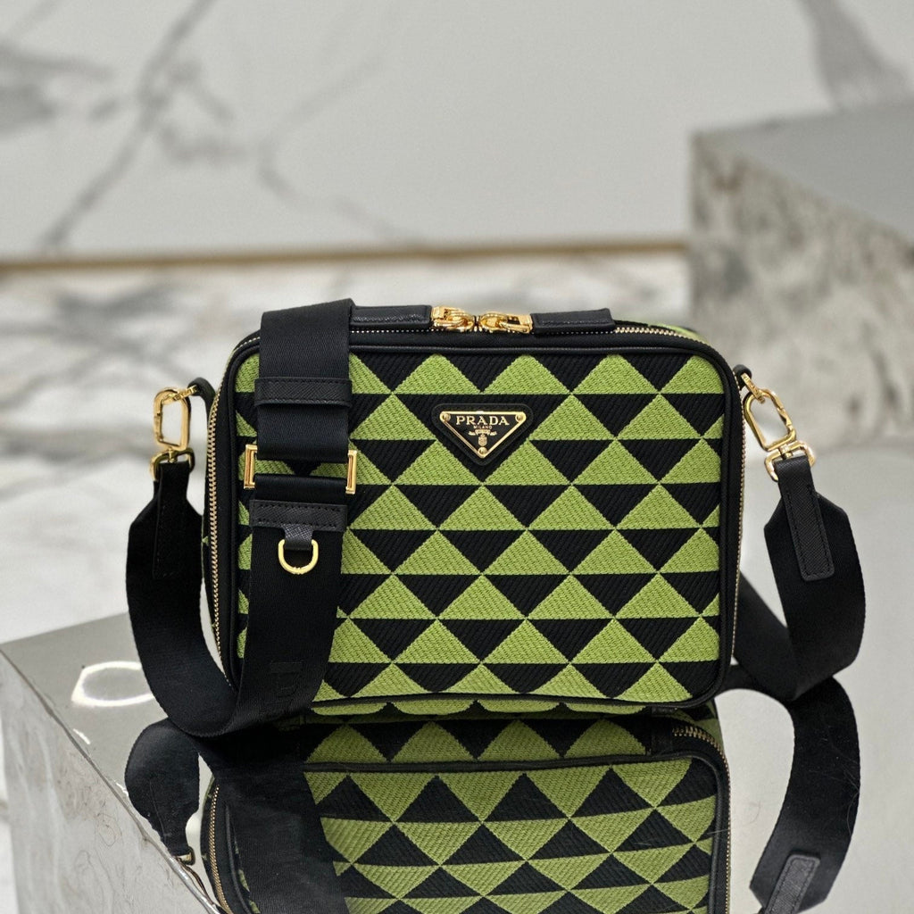 PRADA MESSENGER BAG 22 IN OCADO GREEN AND BLACK EMBROIDERED FABRIC GOLD HARDWARE