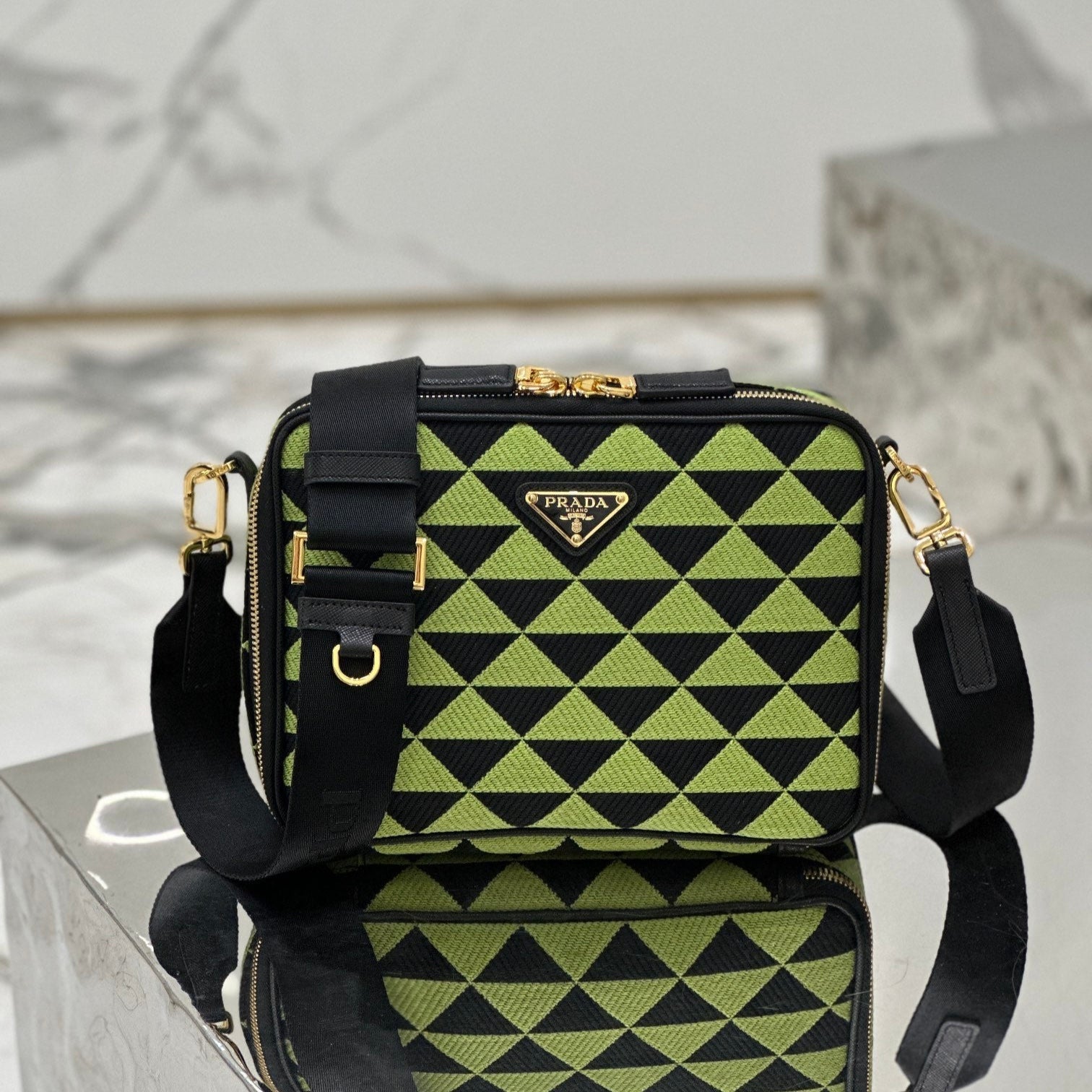 PRADA MESSENGER BAG 22 IN OCADO GREEN AND BLACK EMBROIDERED FABRIC GOLD HARDWARE