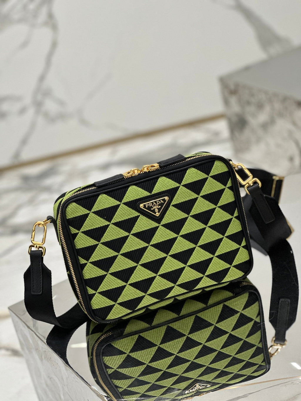 PRADA MESSENGER BAG 22 IN OCADO GREEN AND BLACK EMBROIDERED FABRIC GOLD HARDWARE