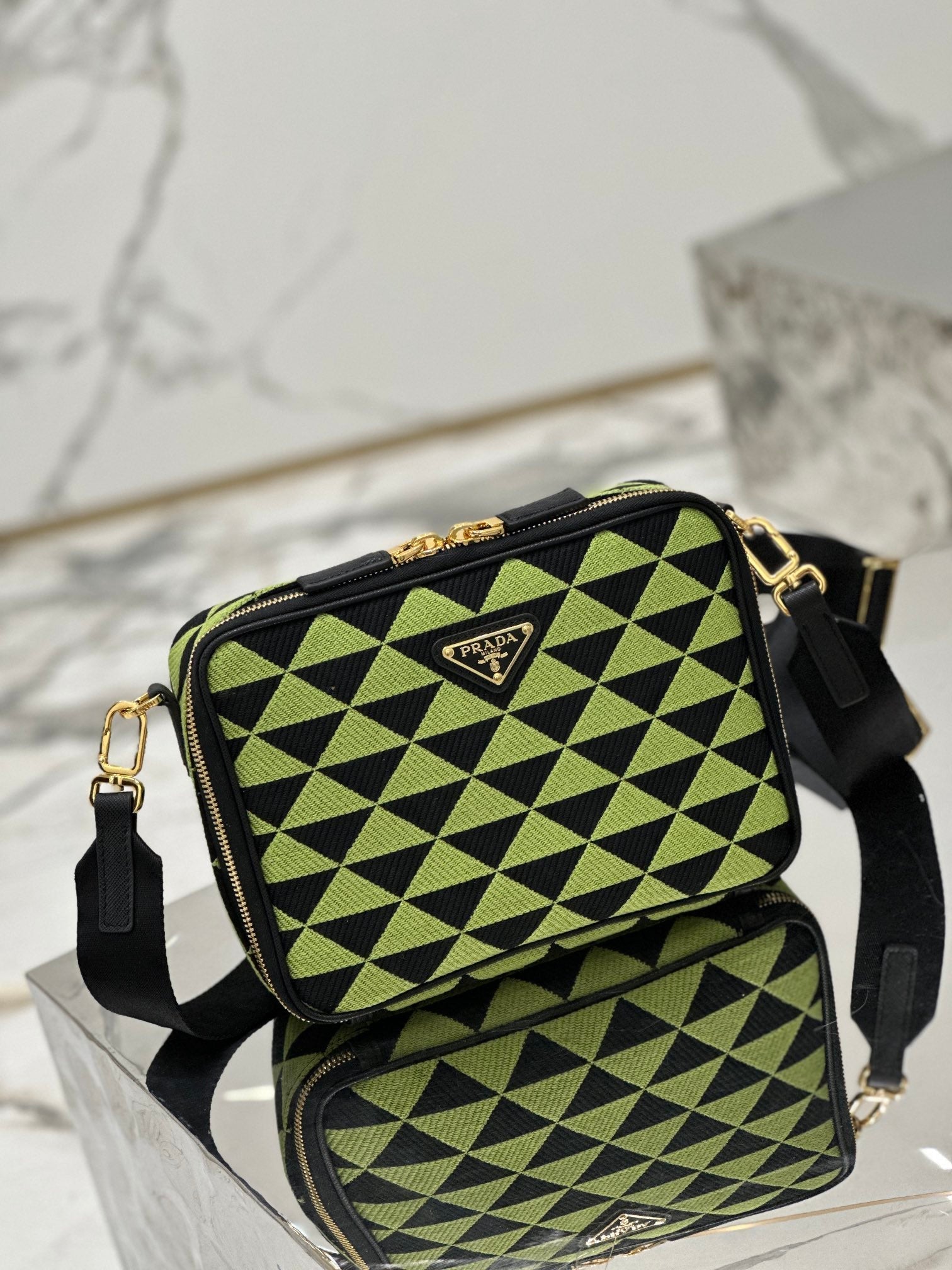 PRADA MESSENGER BAG 22 IN OCADO GREEN AND BLACK EMBROIDERED FABRIC GOLD HARDWARE