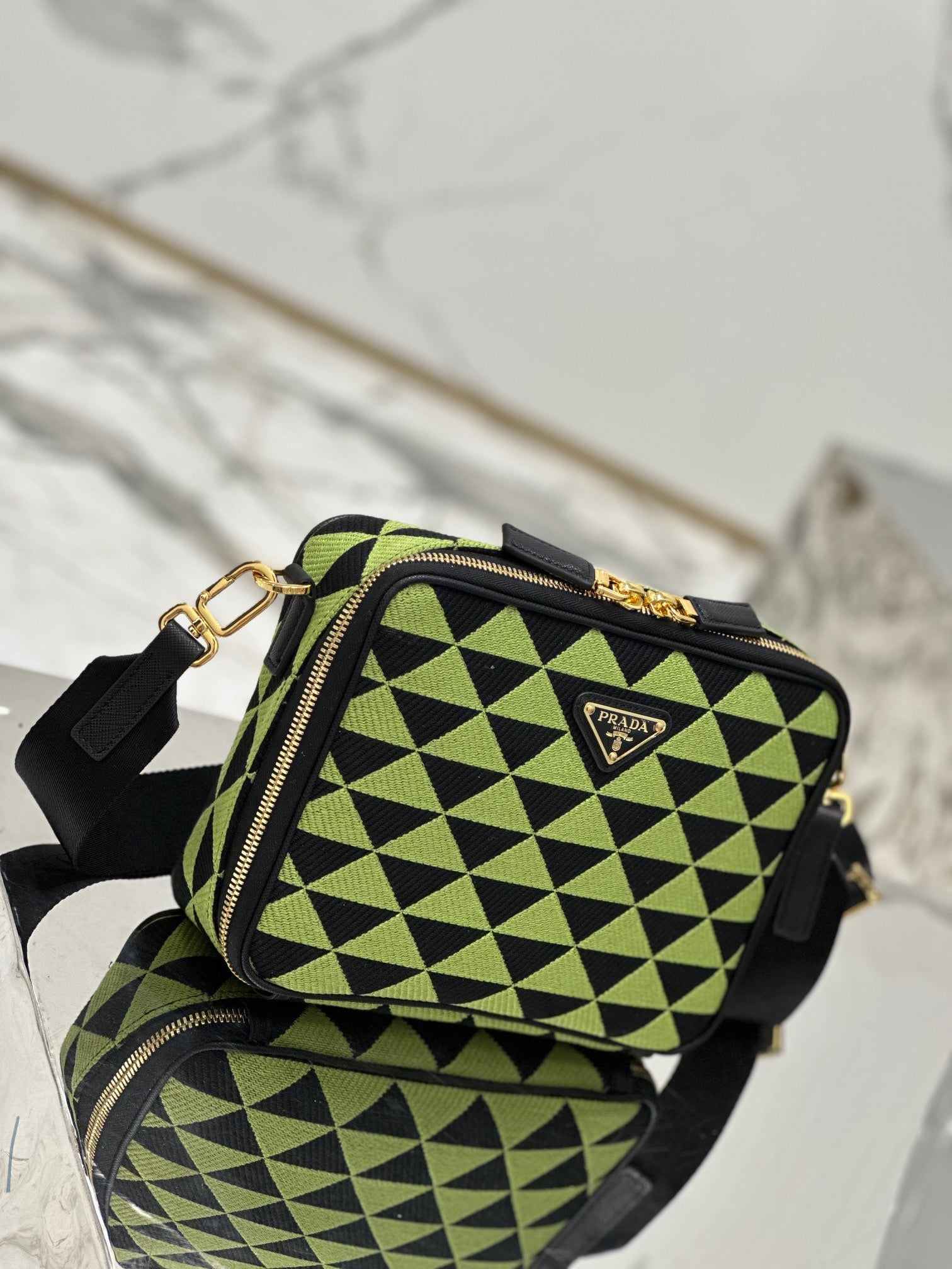 PRADA MESSENGER BAG 22 IN OCADO GREEN AND BLACK EMBROIDERED FABRIC GOLD HARDWARE