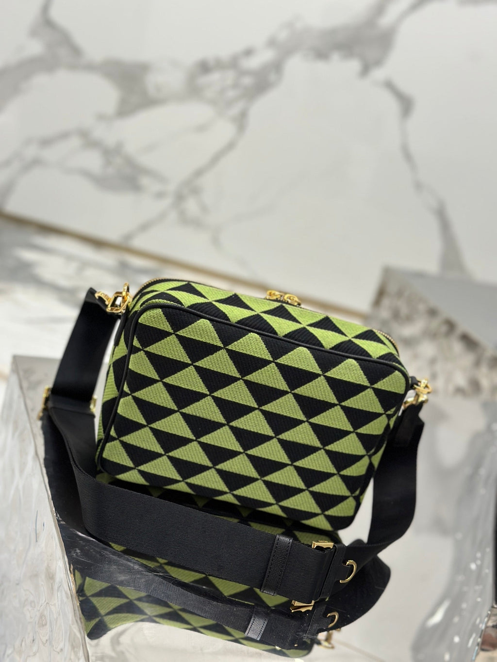 PRADA MESSENGER BAG 22 IN OCADO GREEN AND BLACK EMBROIDERED FABRIC GOLD HARDWARE