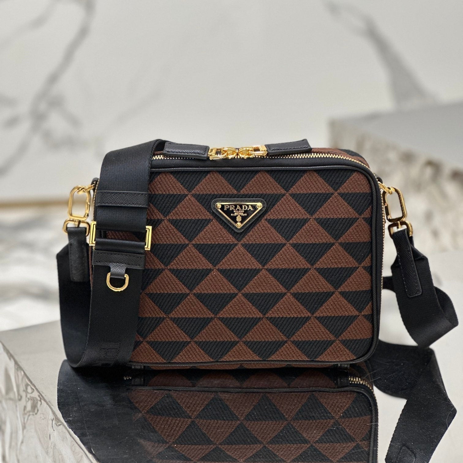 PRADA MESSENGER BAG 22 IN BLACK AND BROWN EMBROIDERED FABRIC GOLD HARDWARE