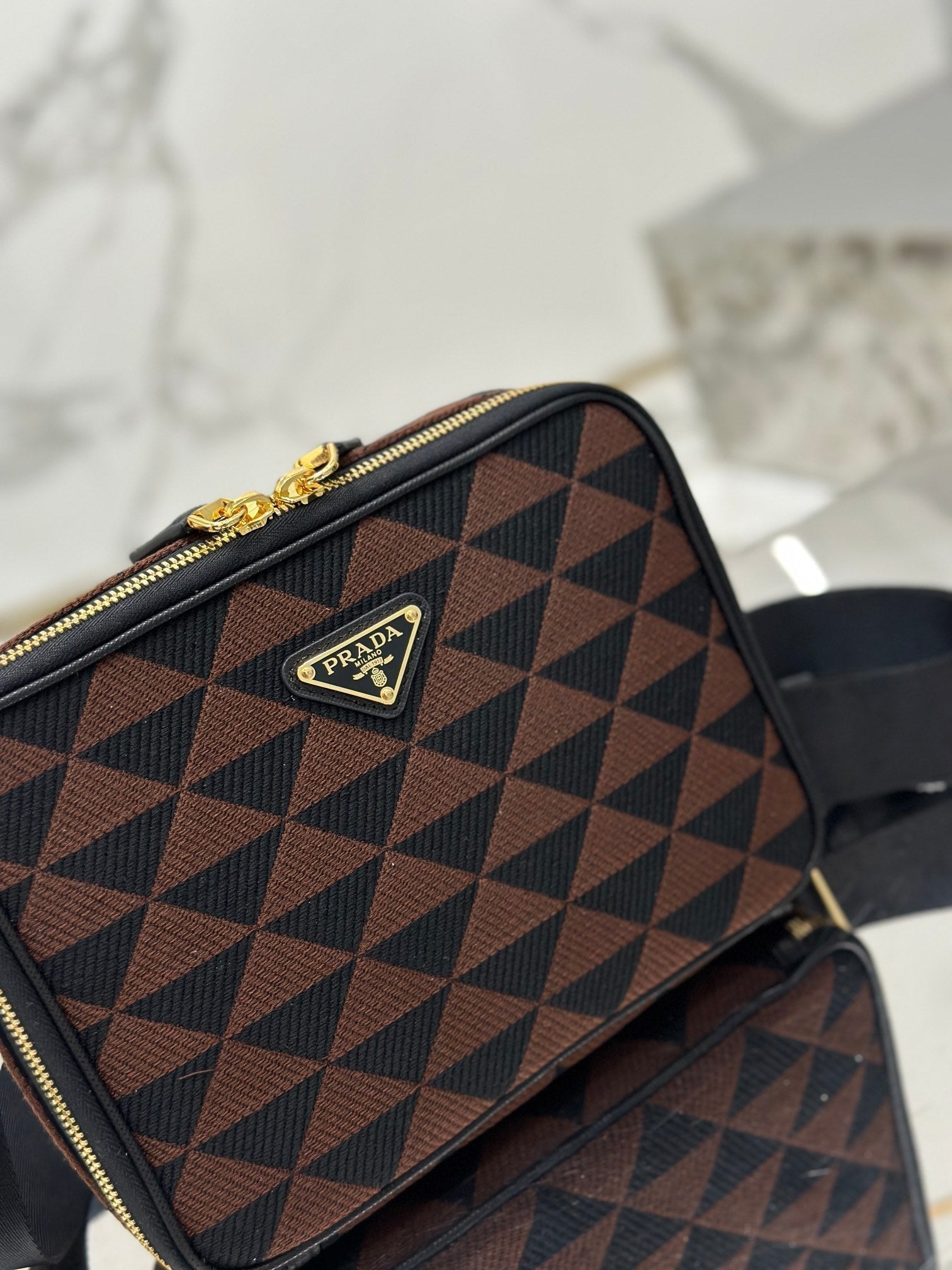 PRADA MESSENGER BAG 22 IN BLACK AND BROWN EMBROIDERED FABRIC GOLD HARDWARE