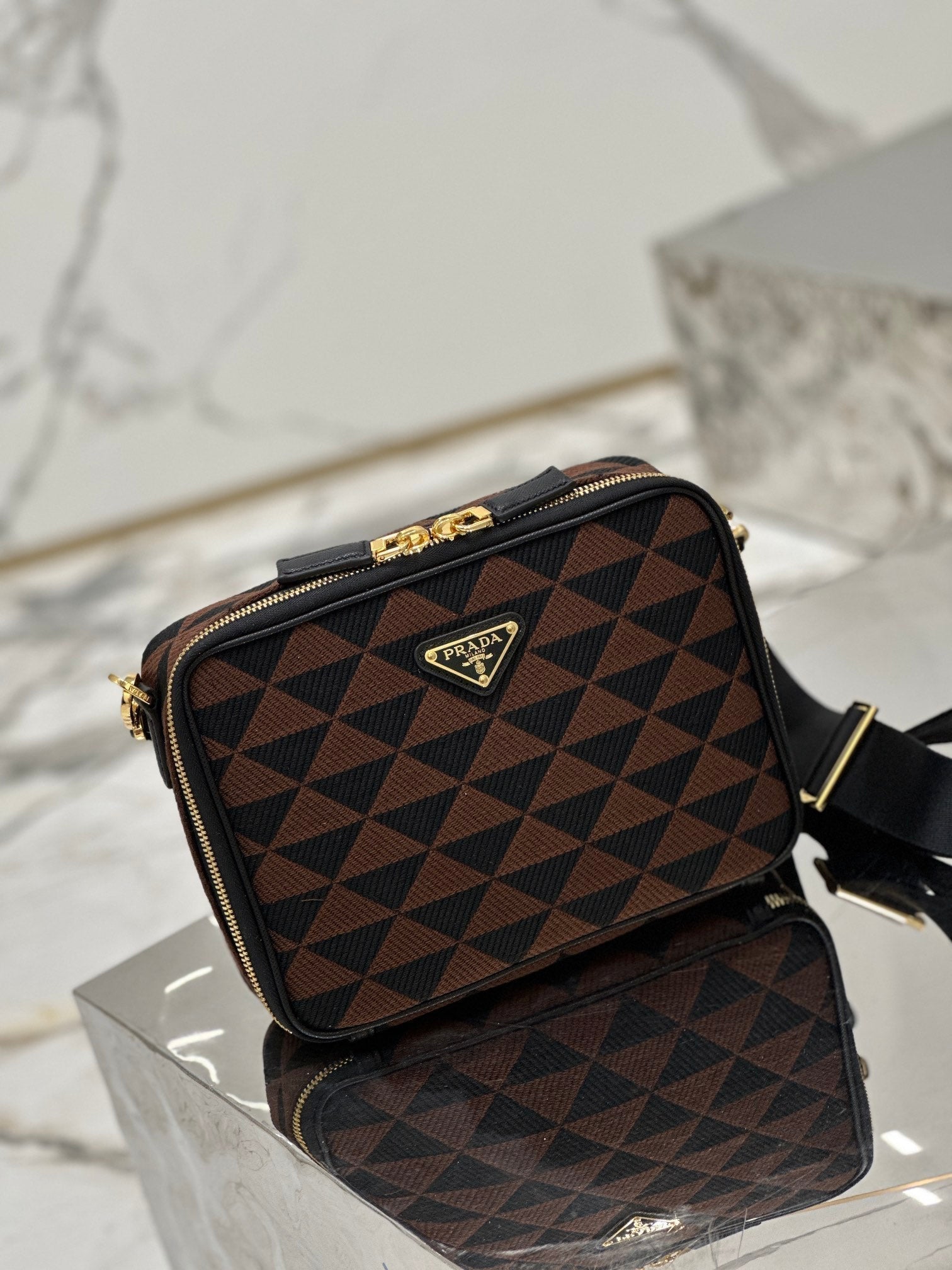 PRADA MESSENGER BAG 22 IN BLACK AND BROWN EMBROIDERED FABRIC GOLD HARDWARE