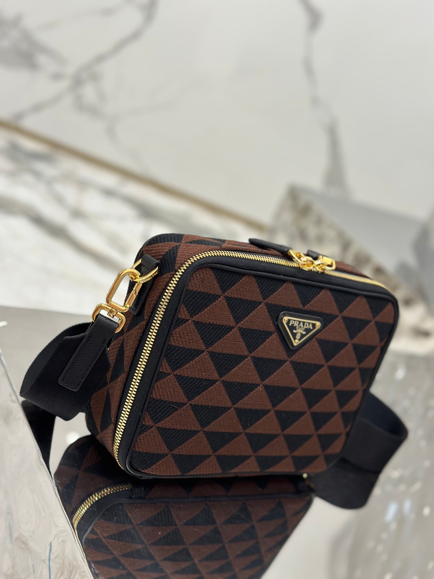 PRADA MESSENGER BAG 22 IN BLACK AND BROWN EMBROIDERED FABRIC GOLD HARDWARE