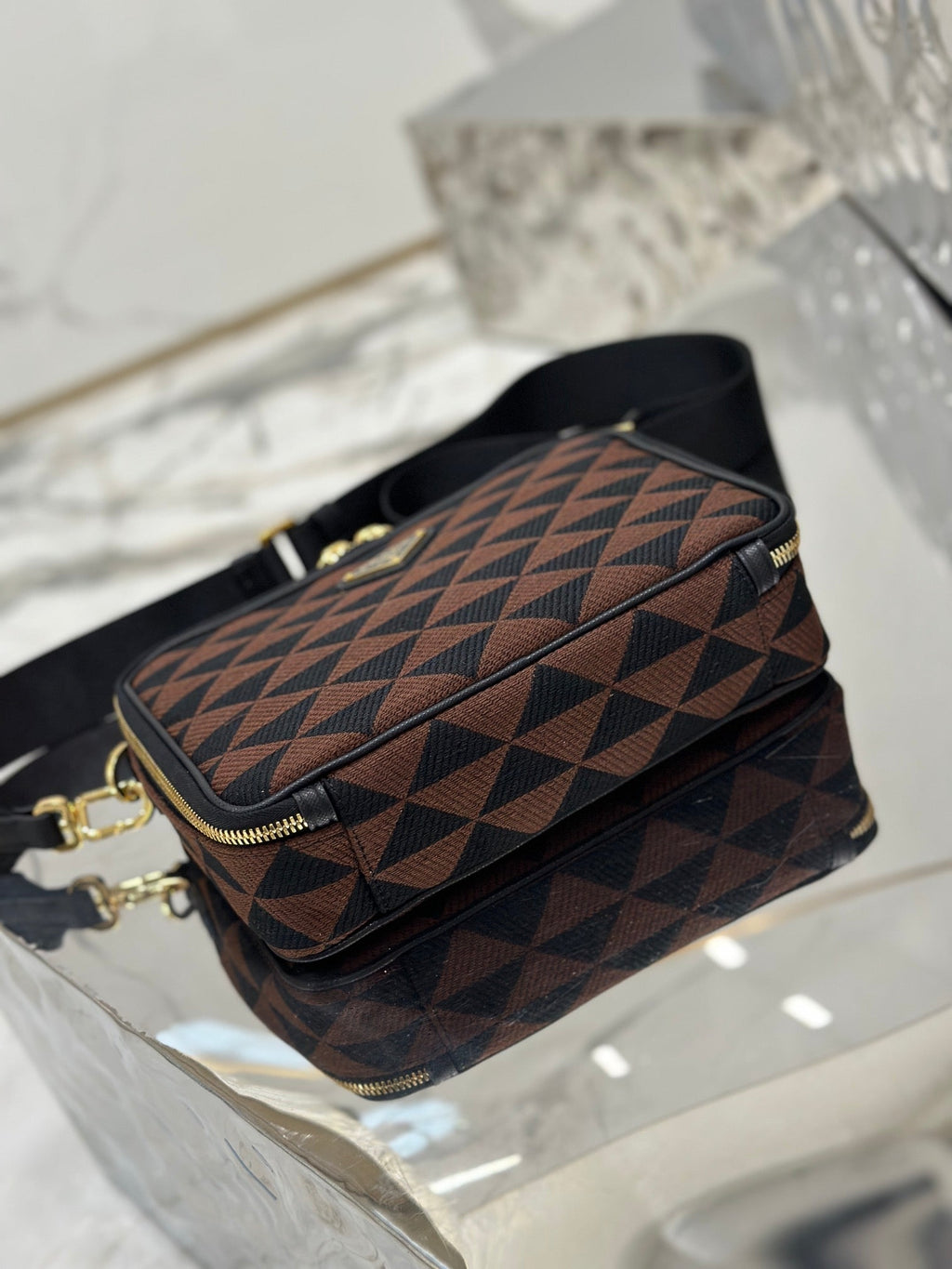 PRADA MESSENGER BAG 22 IN BLACK AND BROWN EMBROIDERED FABRIC GOLD HARDWARE
