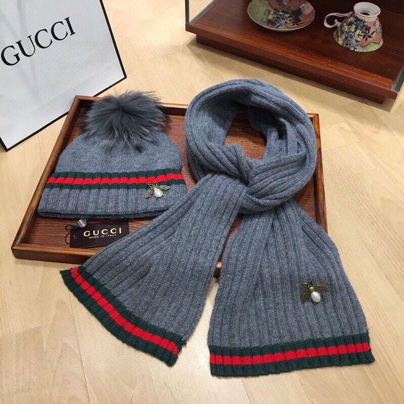 GUCCI SET SCARF AND HAT IN SHARK GRAY WOOL AND CASHMERE 945024