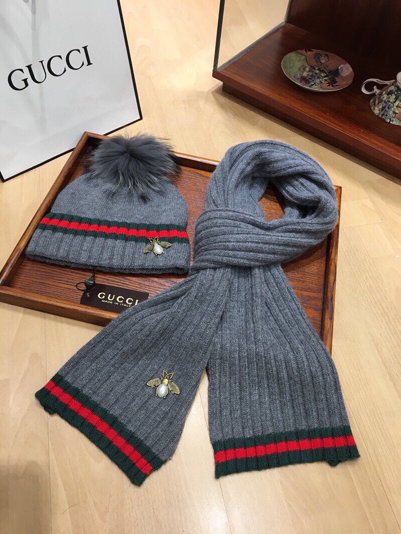 GUCCI SET SCARF AND HAT IN SHARK GRAY WOOL AND CASHMERE 945024