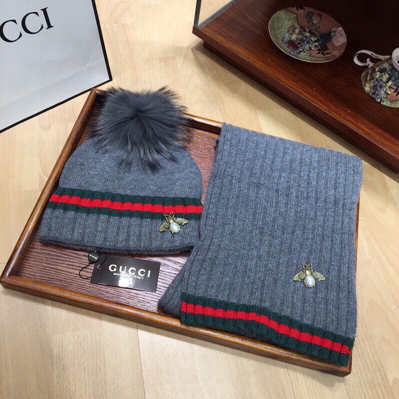GUCCI SET SCARF AND HAT IN SHARK GRAY WOOL AND CASHMERE 945024