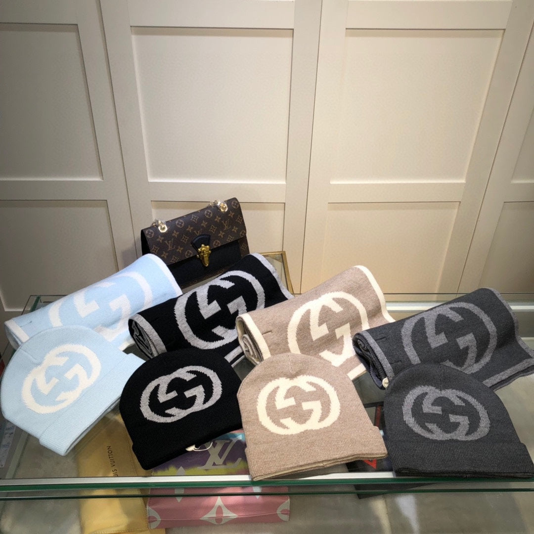 GUCCI SET HAT AND SCARF IN BLACK MIX LIGHT GRAY CASHMERE 946329