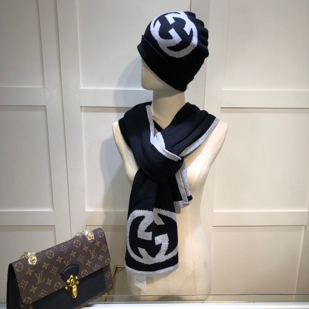 GUCCI SET HAT AND SCARF IN BLACK MIX LIGHT GRAY CASHMERE 946329