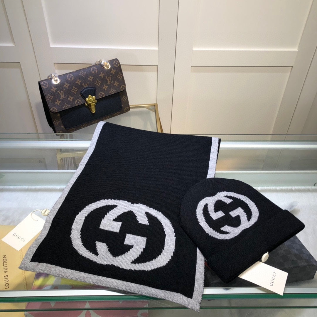 GUCCI SET HAT AND SCARF IN BLACK MIX LIGHT GRAY CASHMERE 946329