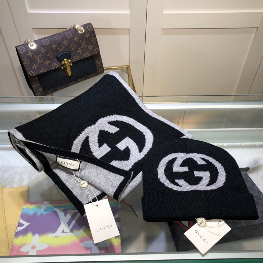 GUCCI SET HAT AND SCARF IN BLACK MIX LIGHT GRAY CASHMERE 946329