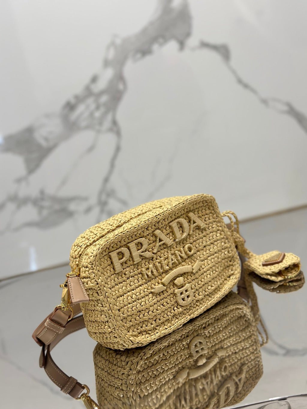 PRADA CAMERA BAG 20 IN BEIGE WOVEN RAFFIA