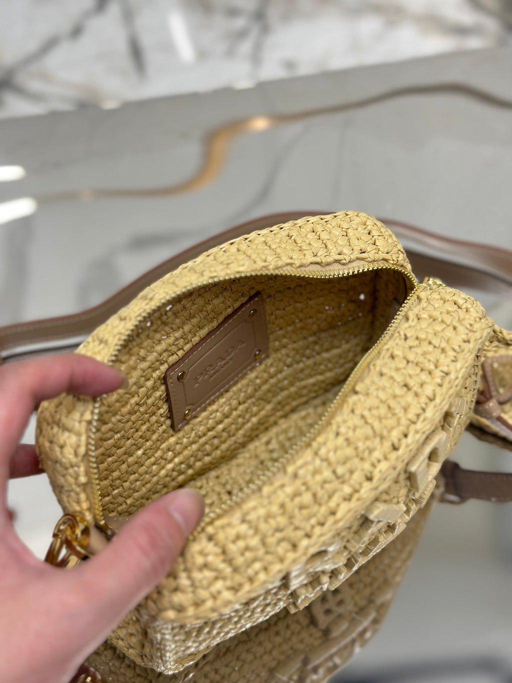 PRADA CAMERA BAG 20 IN BEIGE WOVEN RAFFIA