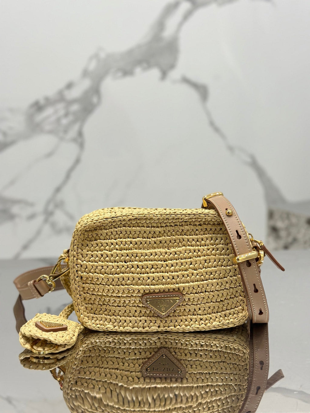 PRADA CAMERA BAG 20 IN BEIGE WOVEN RAFFIA