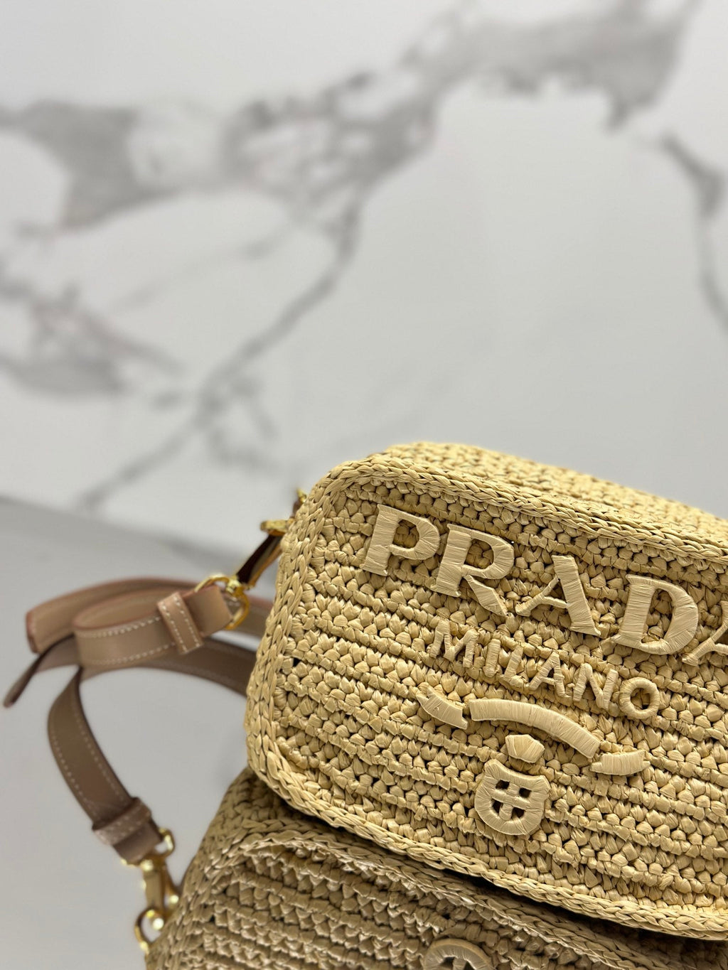 PRADA CAMERA BAG 20 IN BEIGE WOVEN RAFFIA