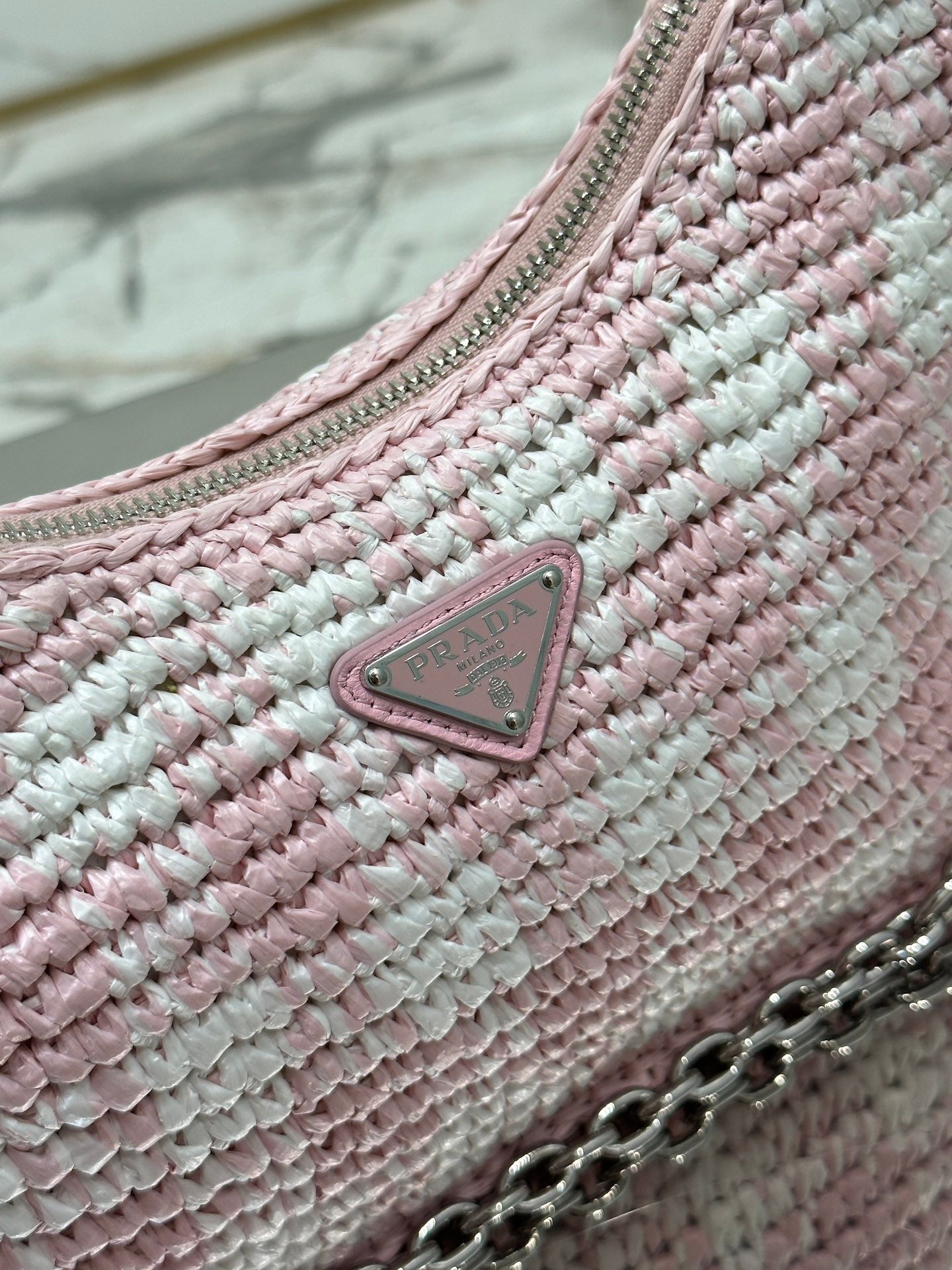 PRADA CROCHET HOBO BAG 22 IN PINK MIX WHITE RAFFIA SILVER HARDWARE