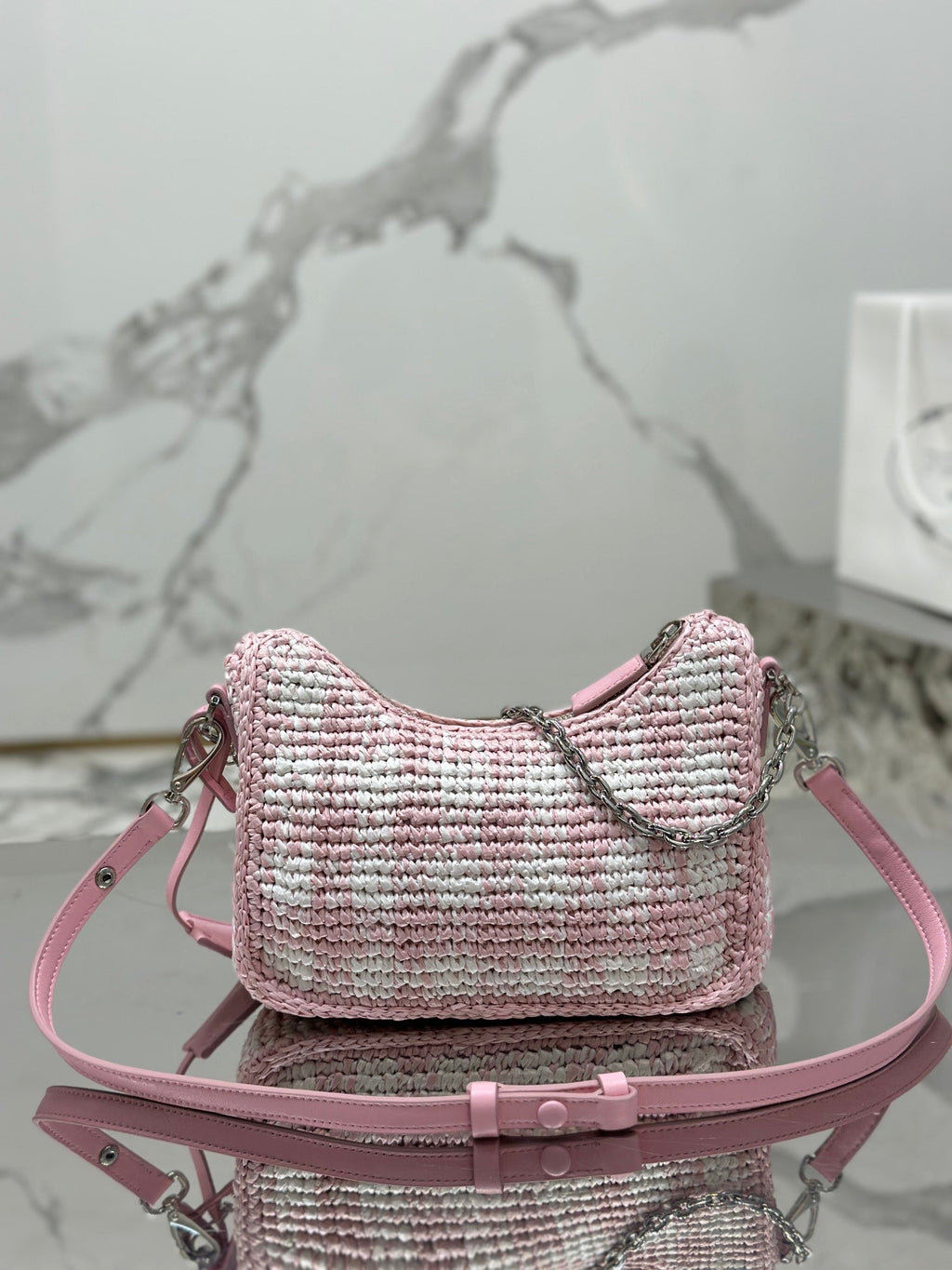 PRADA CROCHET HOBO BAG 22 IN PINK MIX WHITE RAFFIA SILVER HARDWARE