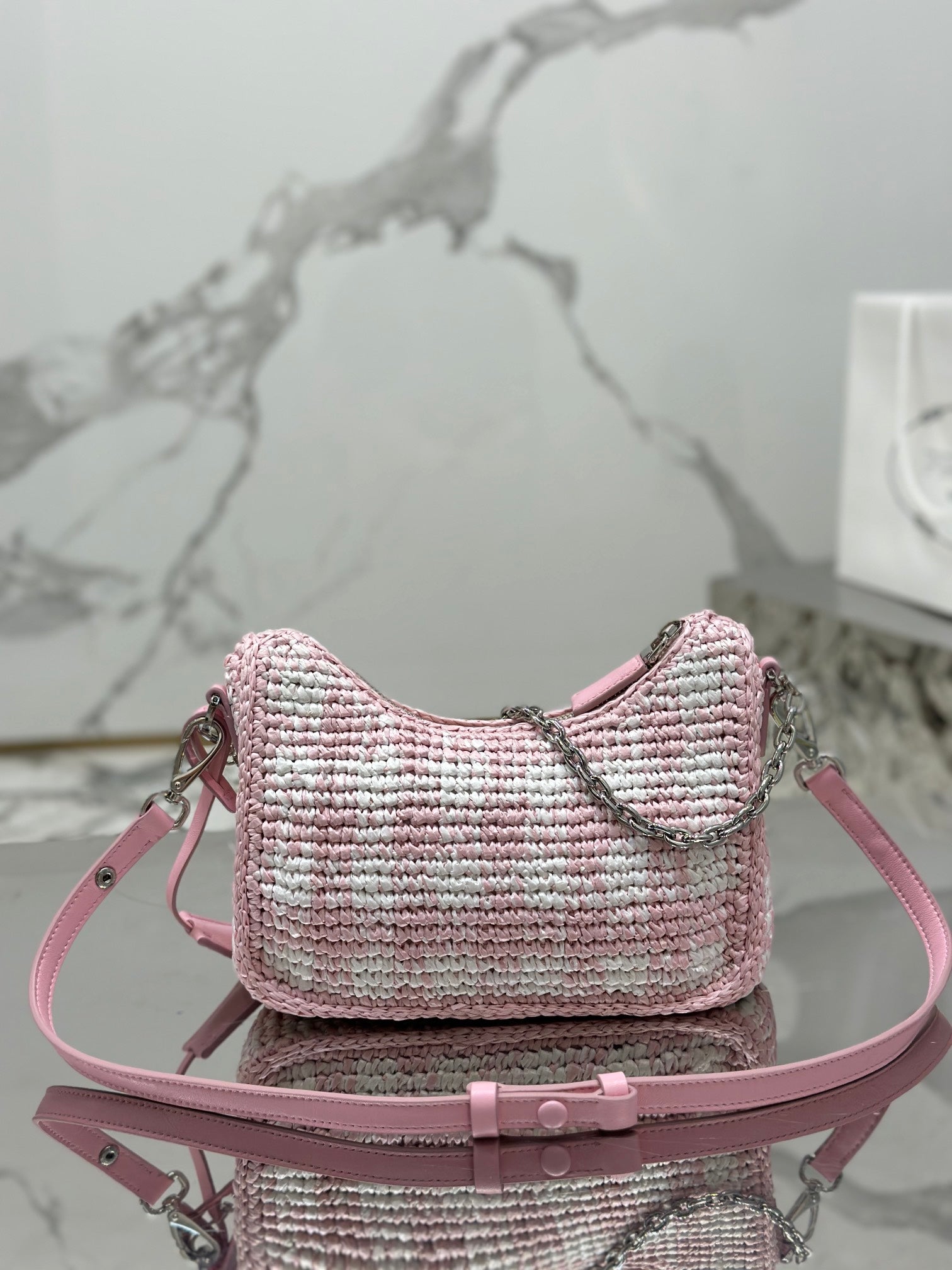 PRADA CROCHET HOBO BAG 22 IN PINK MIX WHITE RAFFIA SILVER HARDWARE
