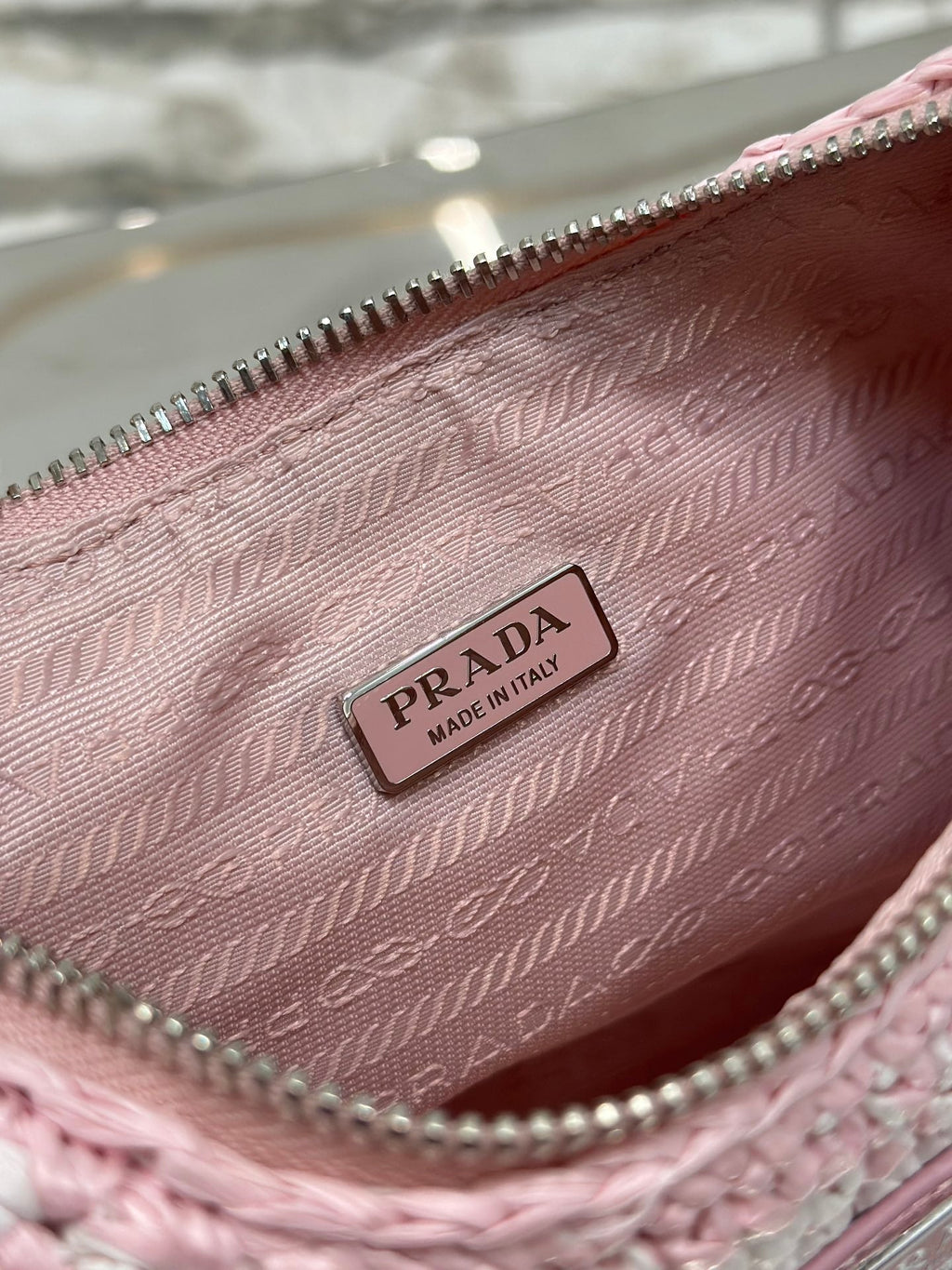 PRADA CROCHET HOBO BAG 22 IN PINK MIX WHITE RAFFIA SILVER HARDWARE