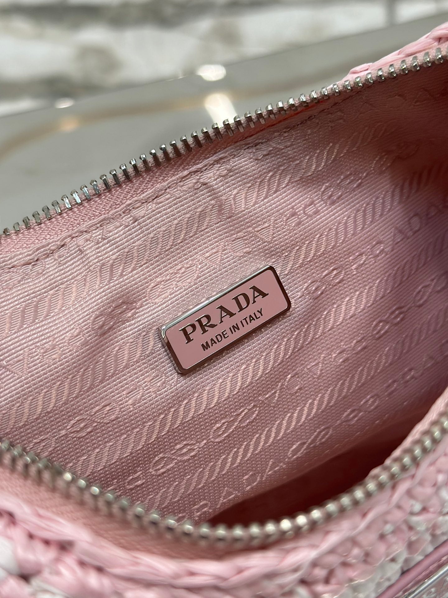 PRADA CROCHET HOBO BAG 22 IN PINK MIX WHITE RAFFIA SILVER HARDWARE