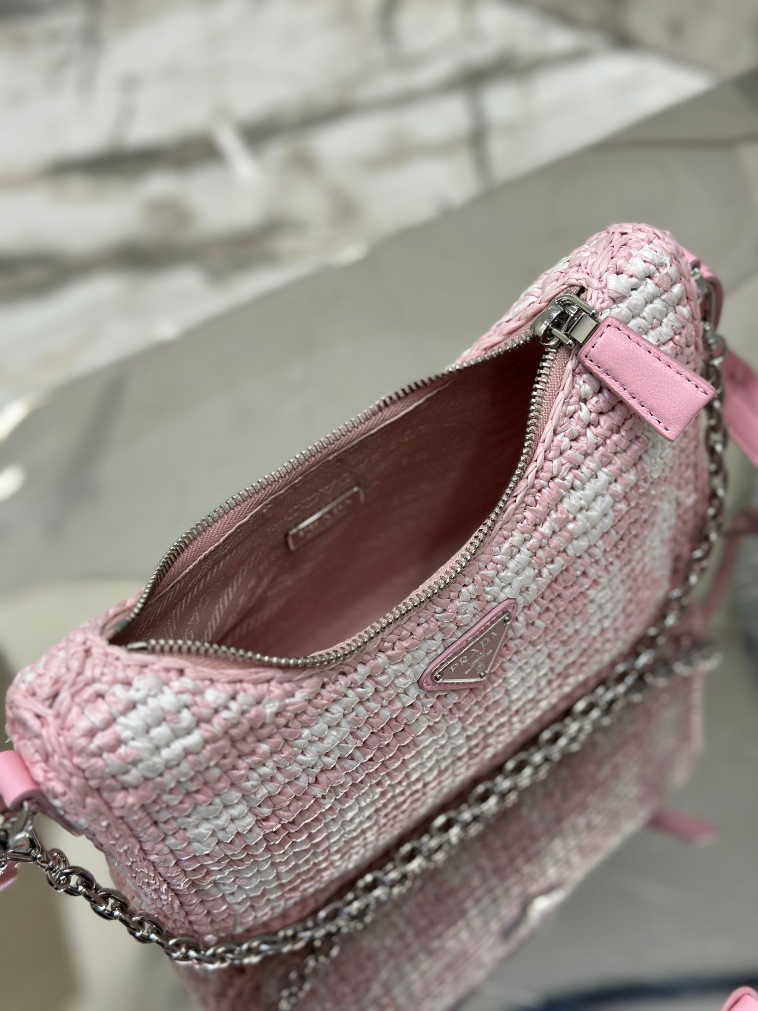 PRADA CROCHET HOBO BAG 22 IN PINK MIX WHITE RAFFIA SILVER HARDWARE