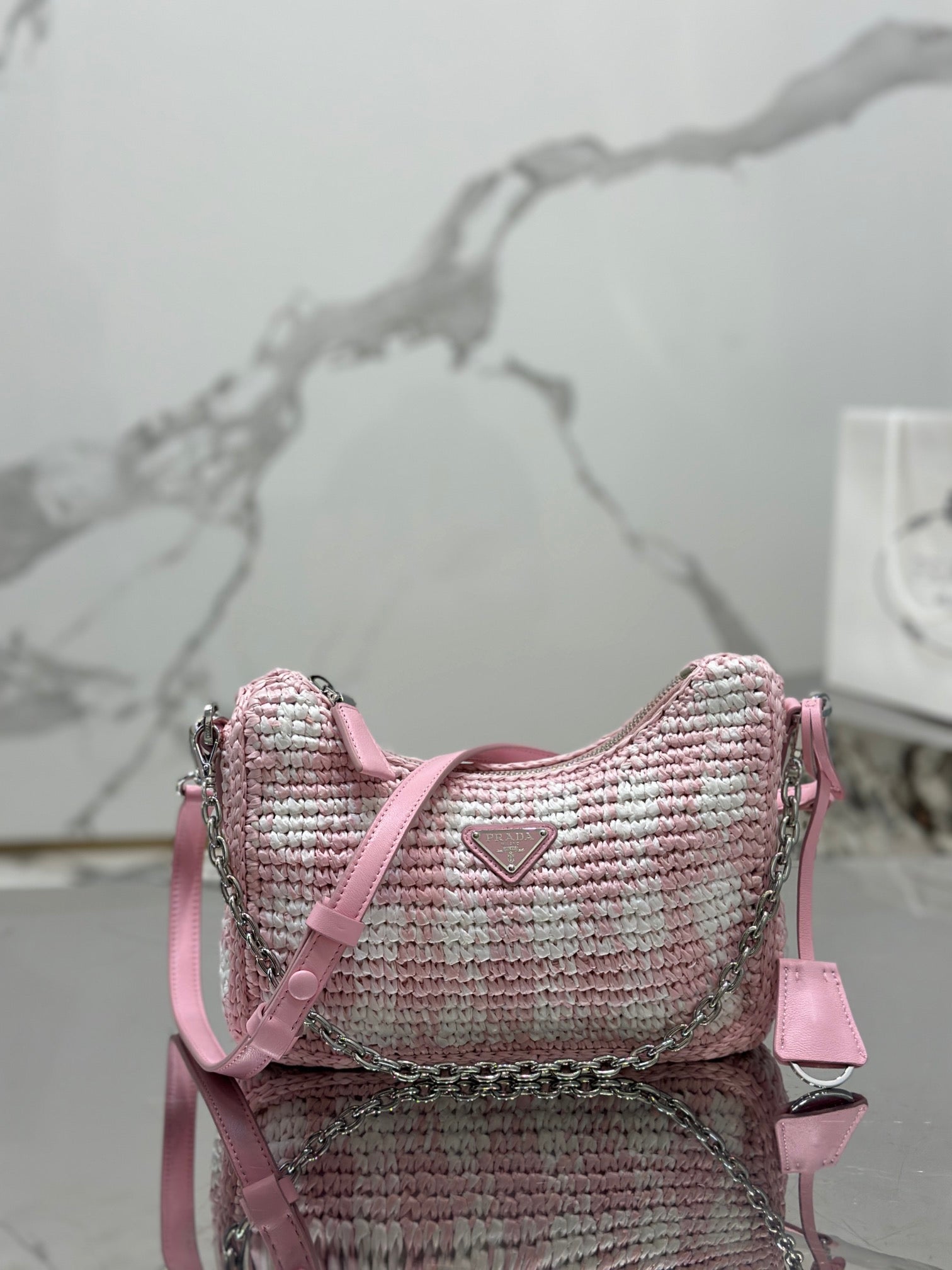 PRADA CROCHET HOBO BAG 22 IN PINK MIX WHITE RAFFIA SILVER HARDWARE
