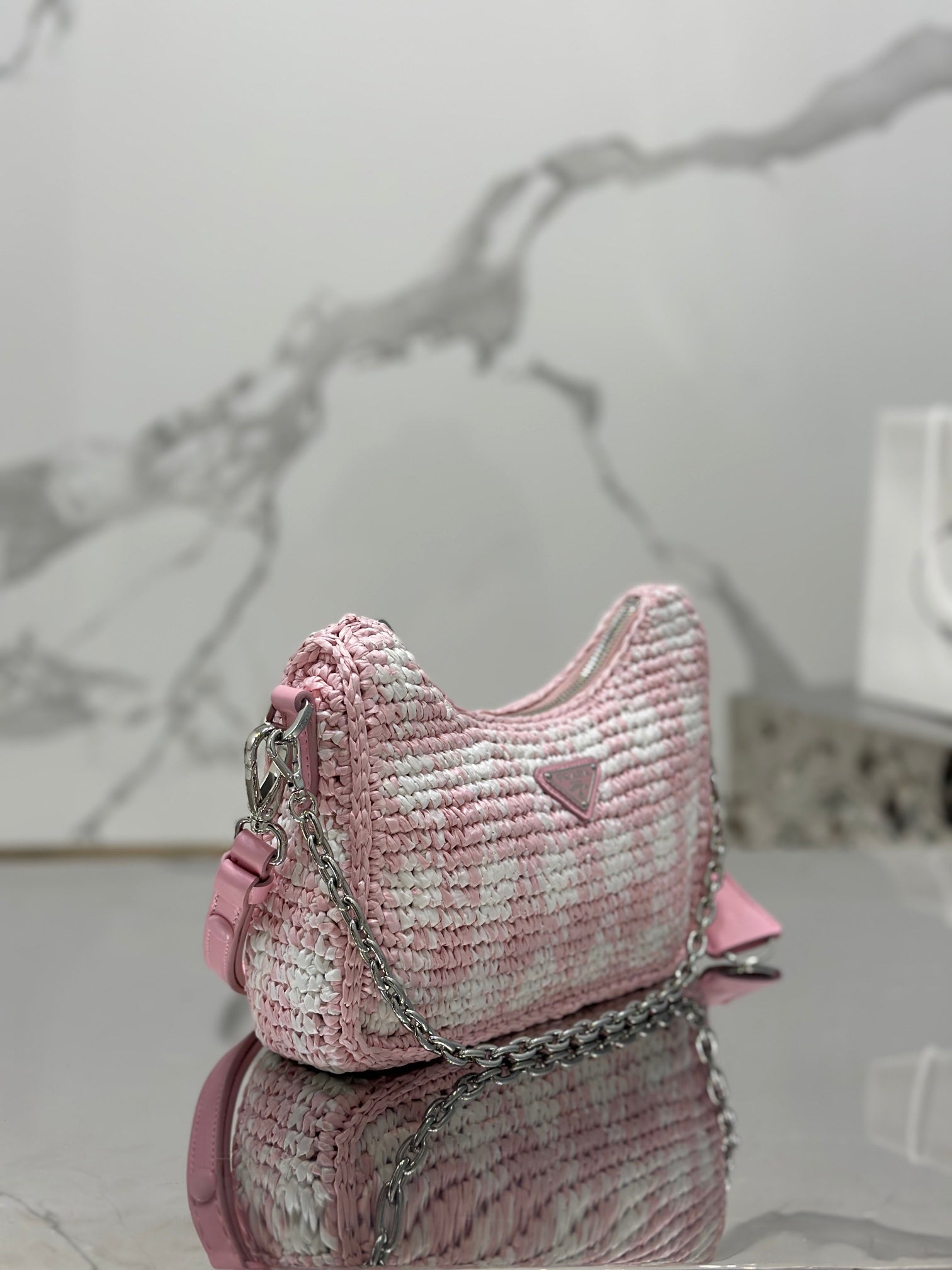 PRADA CROCHET HOBO BAG 22 IN PINK MIX WHITE RAFFIA SILVER HARDWARE