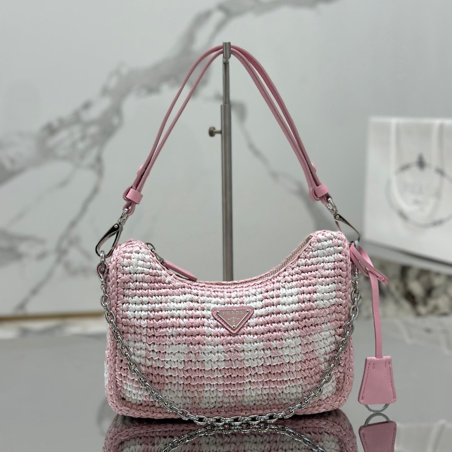 PRADA CROCHET HOBO BAG 22 IN PINK MIX WHITE RAFFIA SILVER HARDWARE
