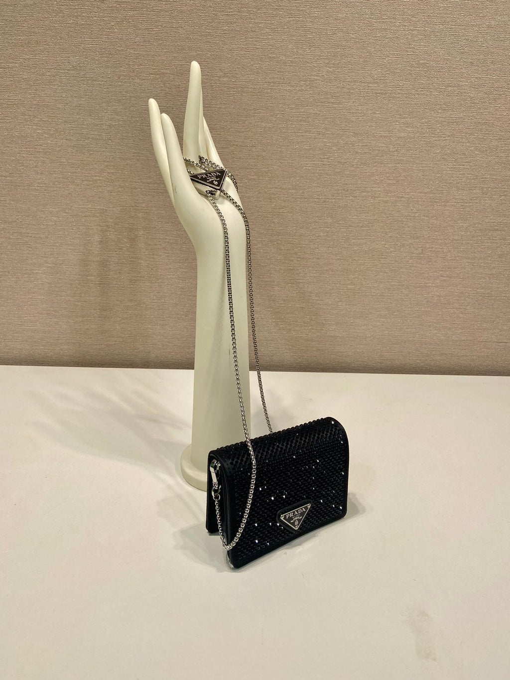 PRADA MINI FLAP BAG 11 IN BLACK DUCHESSE FABRIC ATTACHED FULL CRYSTALS SILVER CHAIN