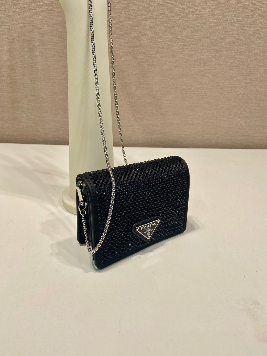 PRADA MINI FLAP BAG 11 IN BLACK DUCHESSE FABRIC ATTACHED FULL CRYSTALS SILVER CHAIN