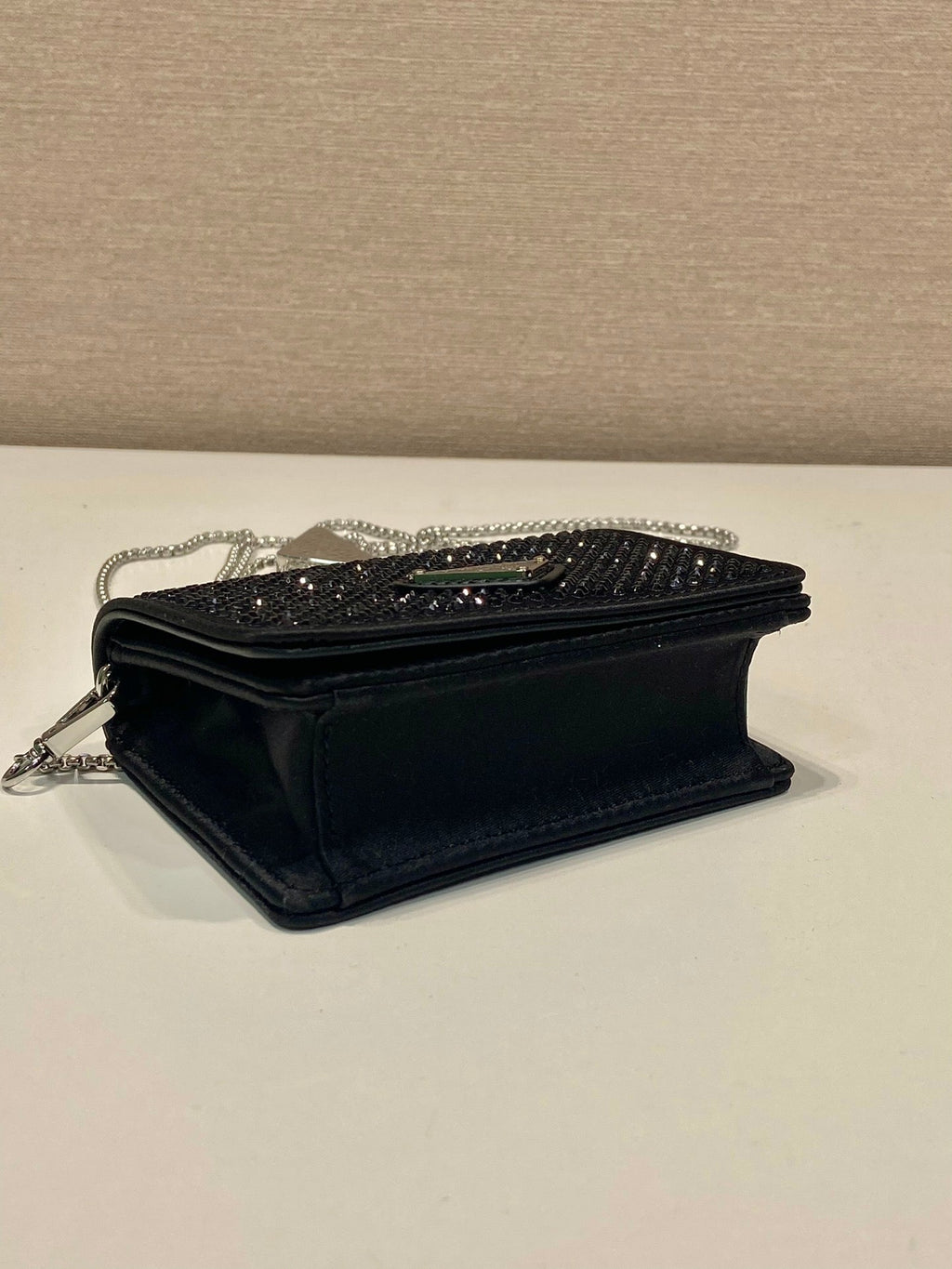 PRADA MINI FLAP BAG 11 IN BLACK DUCHESSE FABRIC ATTACHED FULL CRYSTALS SILVER CHAIN