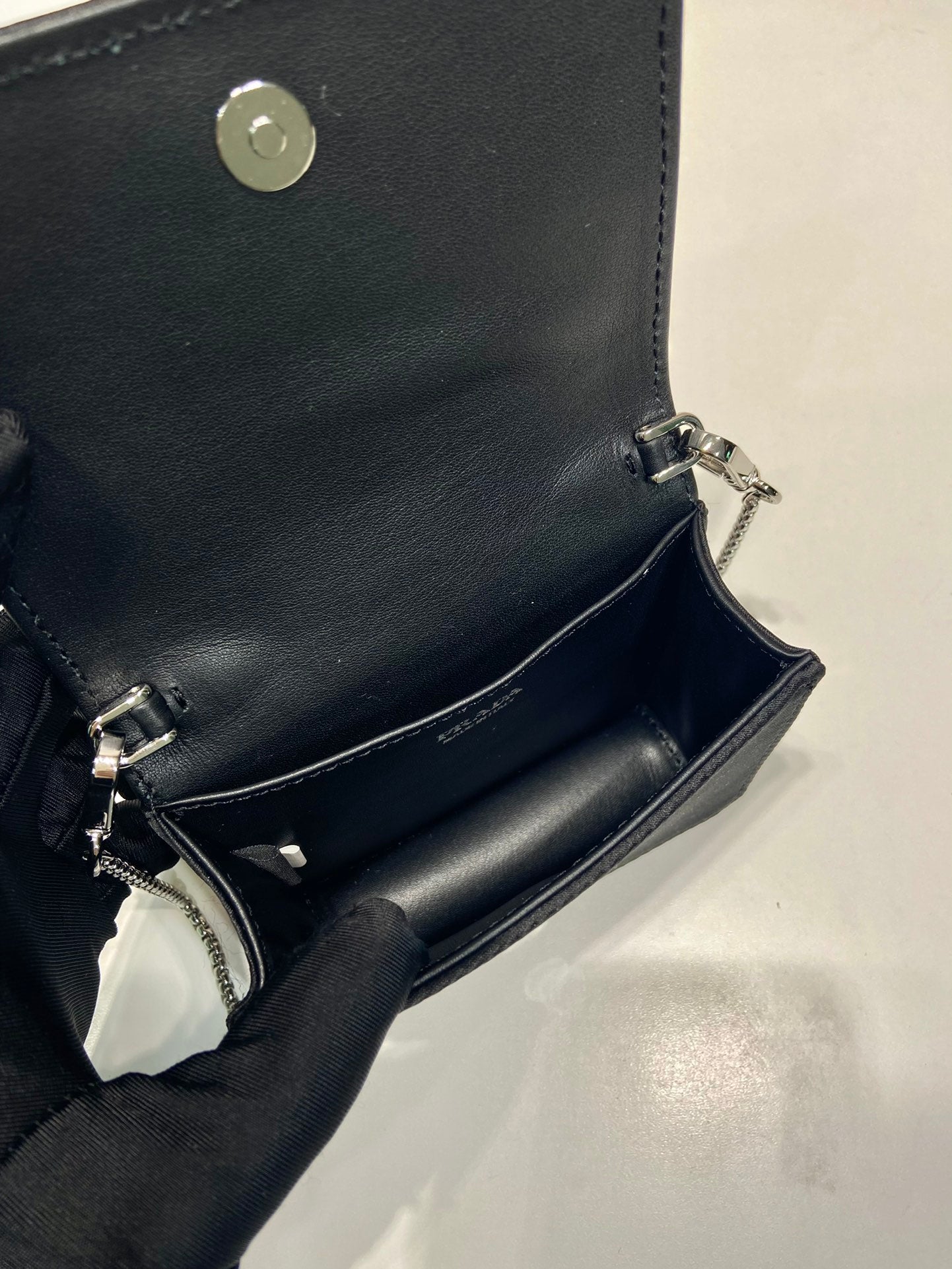 PRADA MINI FLAP BAG 11 IN BLACK DUCHESSE FABRIC ATTACHED FULL CRYSTALS SILVER CHAIN