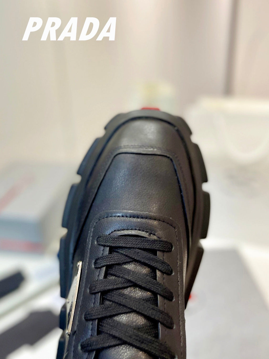 PRADA BRUSHED THICK-SOLE SNEAKERS BLACK CALFSKIN