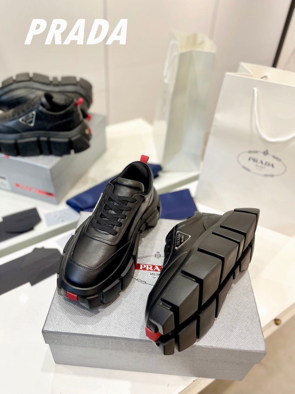 PRADA BRUSHED THICK-SOLE SNEAKERS BLACK CALFSKIN