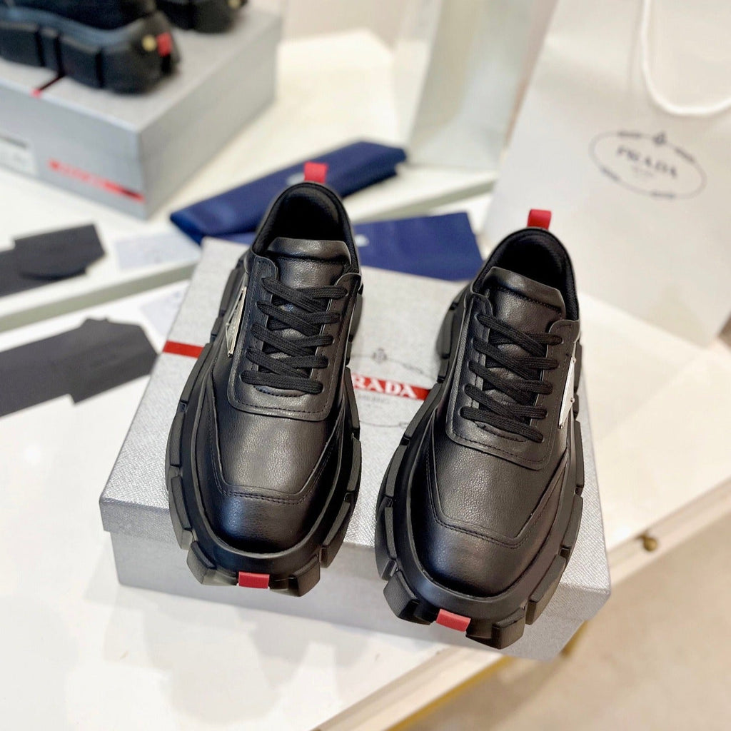 PRADA BRUSHED THICK-SOLE SNEAKERS BLACK CALFSKIN